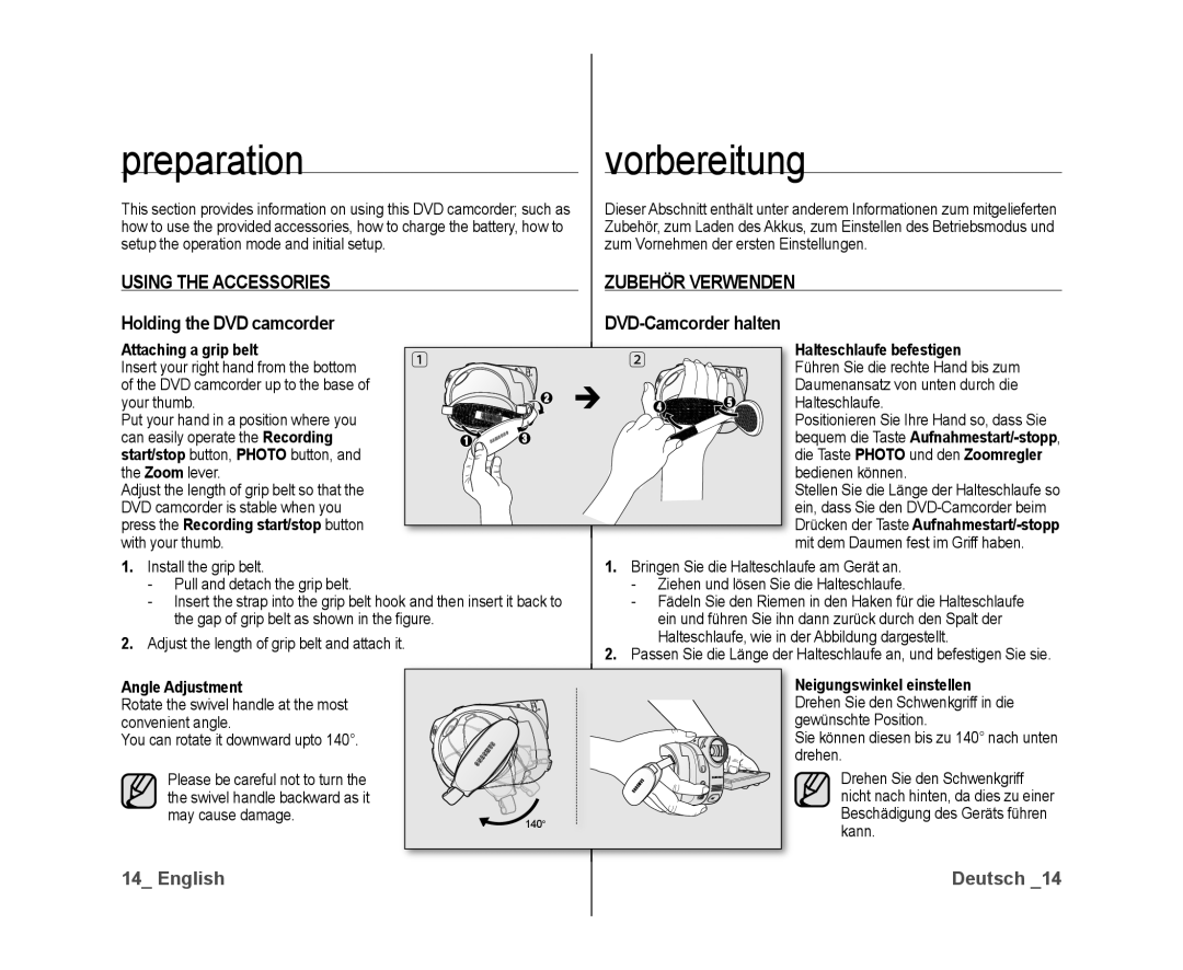 Samsung VP-DX10/HAC, VP-DX10/XEF, VP-DX10H/XEF manual Preparation, Vorbereitung, Using the Accessories Zubehör Verwenden 