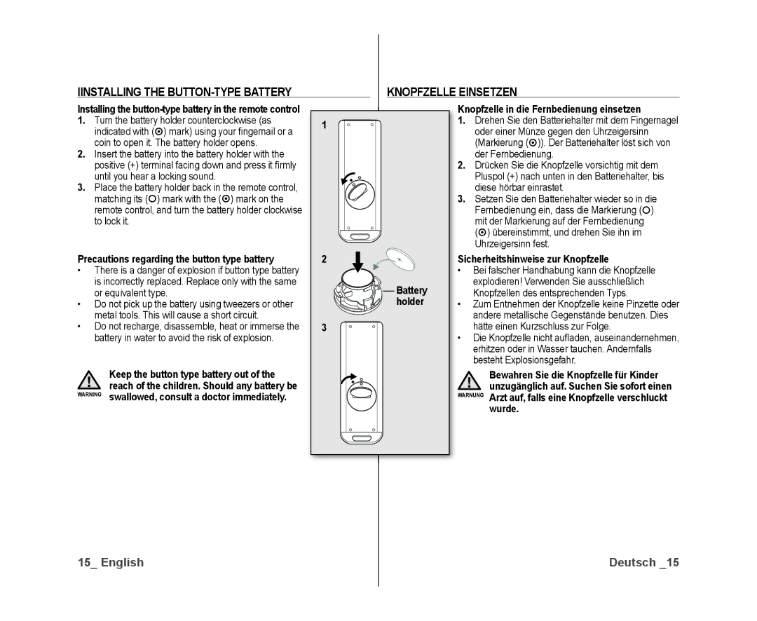 Samsung VP-DX10/KNT manual Iinstalling the BUTTON-TYPE Battery Knopfzelle Einsetzen, Sicherheitshinweise zur Knopfzelle 