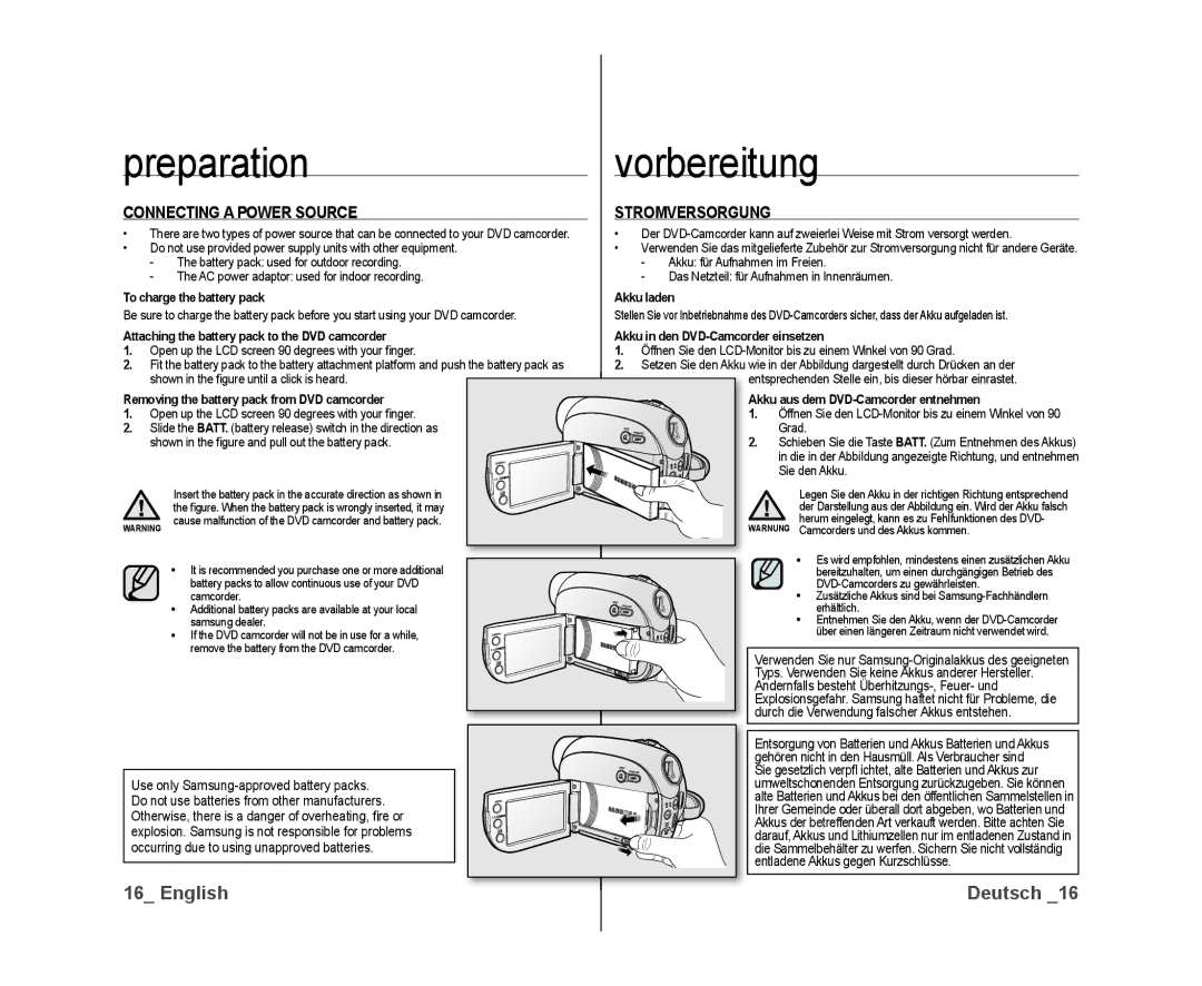 Samsung VP-DX10/ADL, VP-DX10/XEF, VP-DX10H/XEF, VP-DX10/XEO, VP-DX10/XEE manual Connecting a Power Source, Stromversorgung 