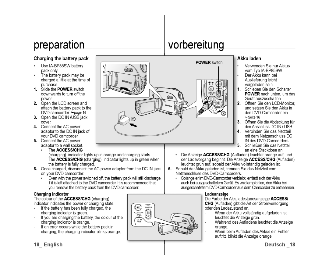 Samsung VP-DX10H/HAC, VP-DX10/XEF, VP-DX10H/XEF, VP-DX10/XEO Preparation Vorbereitung, Charging the battery pack, Akku laden 