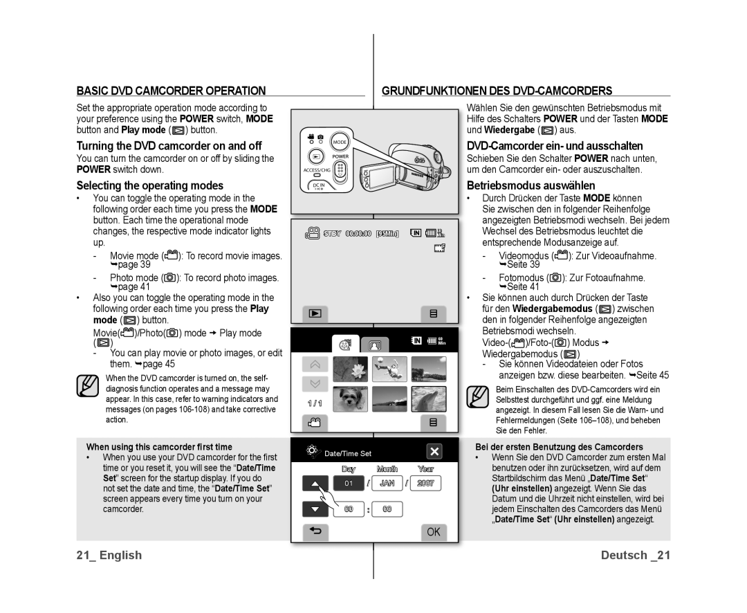 Samsung VP-DX10/XER manual Selecting the operating modes, DVD-Camcorder ein- und ausschalten, Betriebsmodus auswählen 