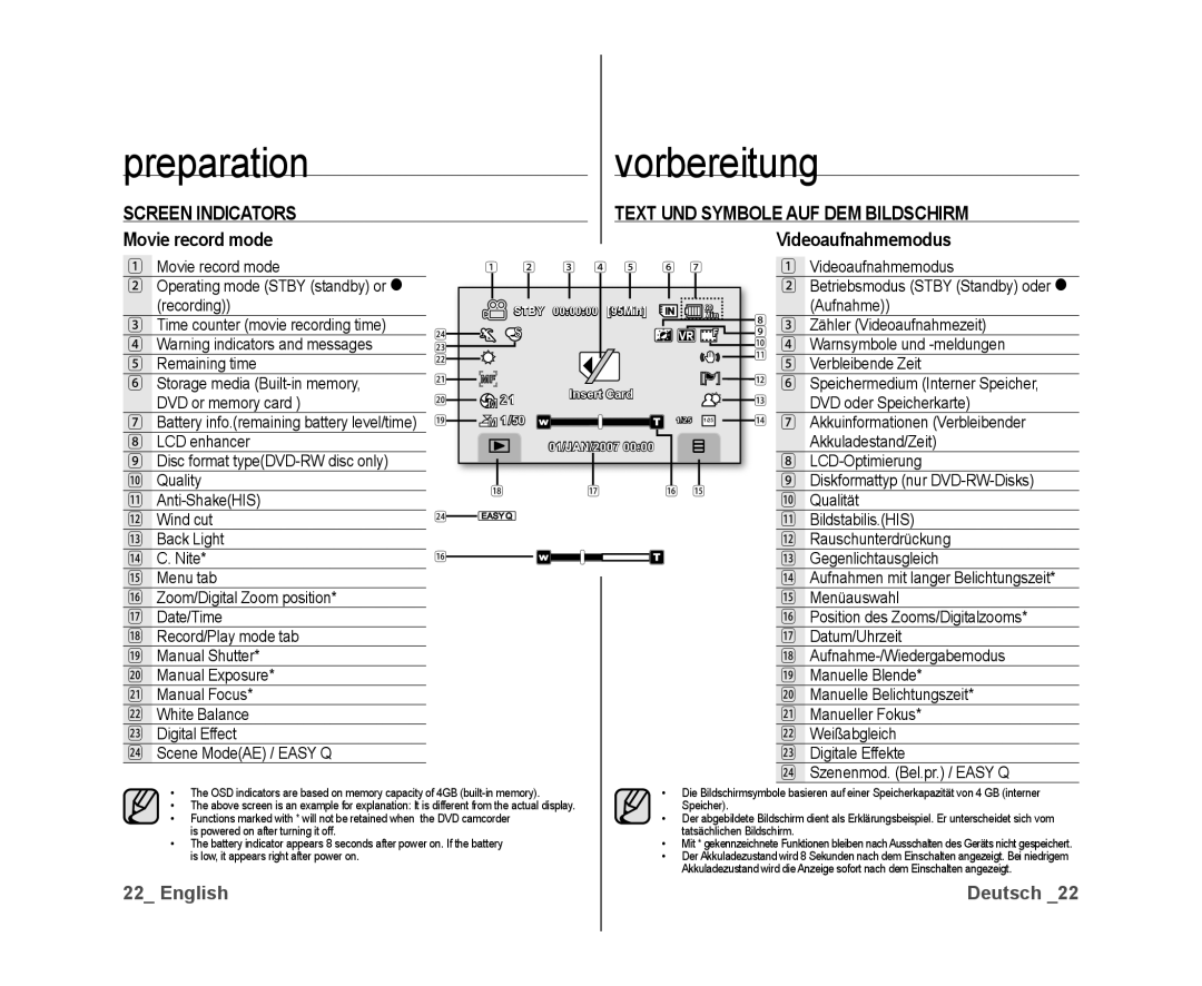 Samsung VP-DX10/XEF manual Screen Indicators Text UND Symbole AUF DEM Bildschirm, Movie record mode Videoaufnahmemodus 