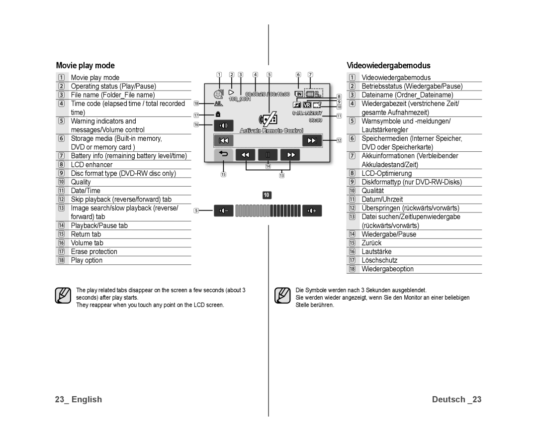 Samsung VP-DX10H/XEF, VP-DX10/XEF, VP-DX10/XEO, VP-DX10/XEE, VP-DX10/UMG, VP-DX10H/MEA Movie play mode, Videowiedergabemodus 