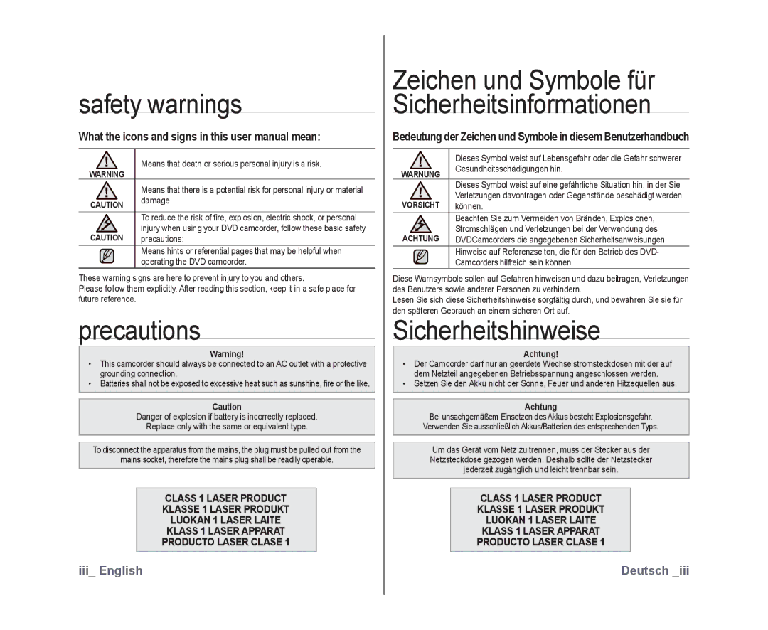 Samsung VP-DX10/XEE, VP-DX10/XEF, VP-DX10H/XEF, VP-DX10/XEO manual Safety warnings, Precautions, Sicherheitshinweise, Achtung 