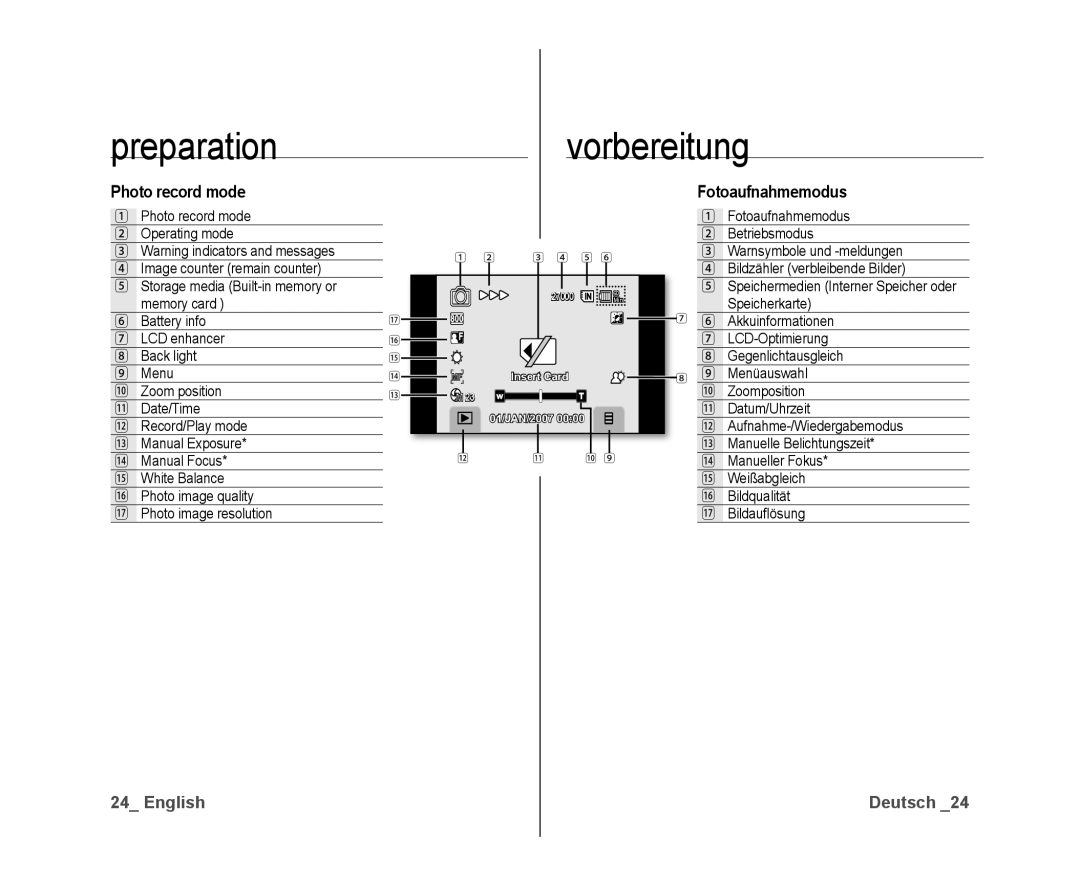 Samsung VP-DX10/XEO, VP-DX10/XEF, VP-DX10H/XEF, VP-DX10/XEE, VP-DX10/UMG, VP-DX10H/MEA Photo record mode, Fotoaufnahmemodus 