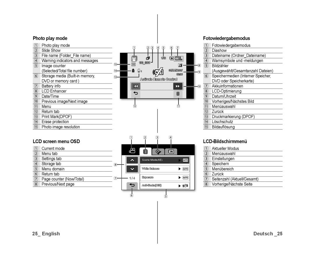 Samsung VP-DX10/XEE, VP-DX10/XEF, VP-DX10H/XEF, VP-DX10/XEO Fotowiedergabemodus, LCD screen menu OSD, LCD-Bildschirmmenü 