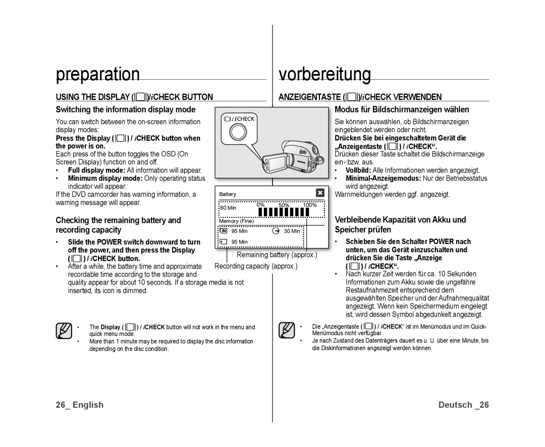 Samsung VP-DX10/UMG, VP-DX10/XEF manual Using the Display, Anzeigentaste, ICHECK Verwenden, Checking the remaining battery 