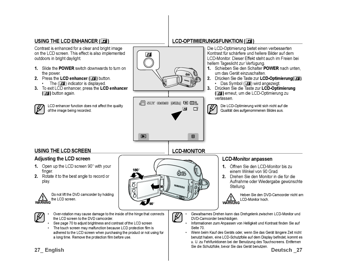 Samsung VP-DX10H/MEA, VP-DX10/XEF manual Using the LCD Enhancer, Using the LCD Screen, Adjusting the LCD screen, Lcd-Monitor 