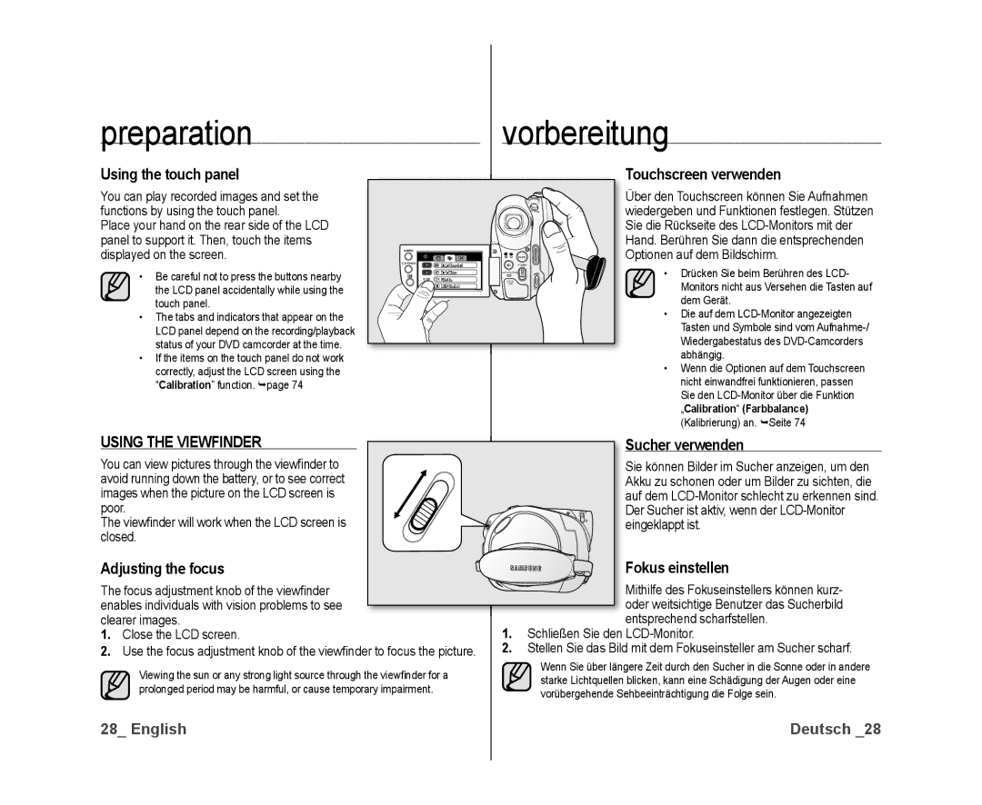 Samsung VP-DX10/HAC, VP-DX10/XEF, VP-DX10H/XEF, VP-DX10/XEO, VP-DX10/XEE manual Preparationvorbereitung, Using the Viewfinder 