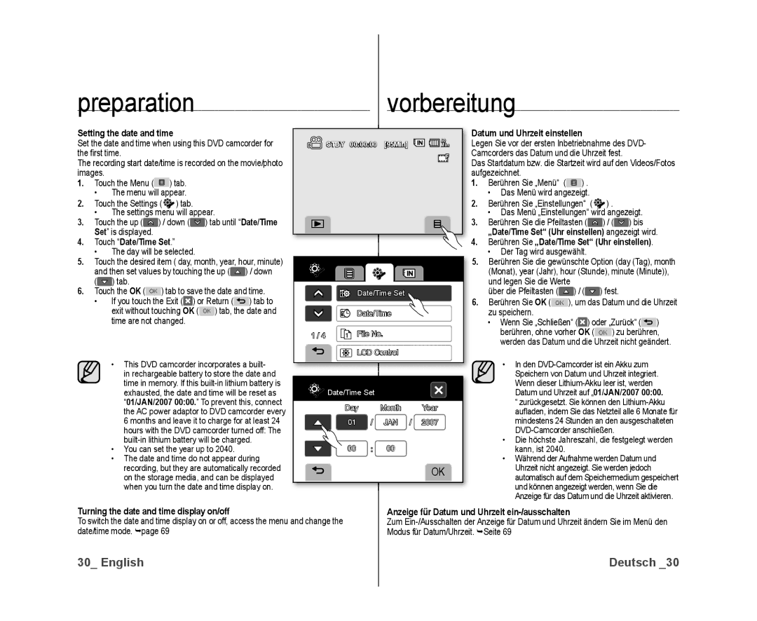 Samsung VP-DX10/ADL, VP-DX10/XEF, VP-DX10H/XEF Setting the date and time, Touch Date/Time Set, Datum und Uhrzeit einstellen 