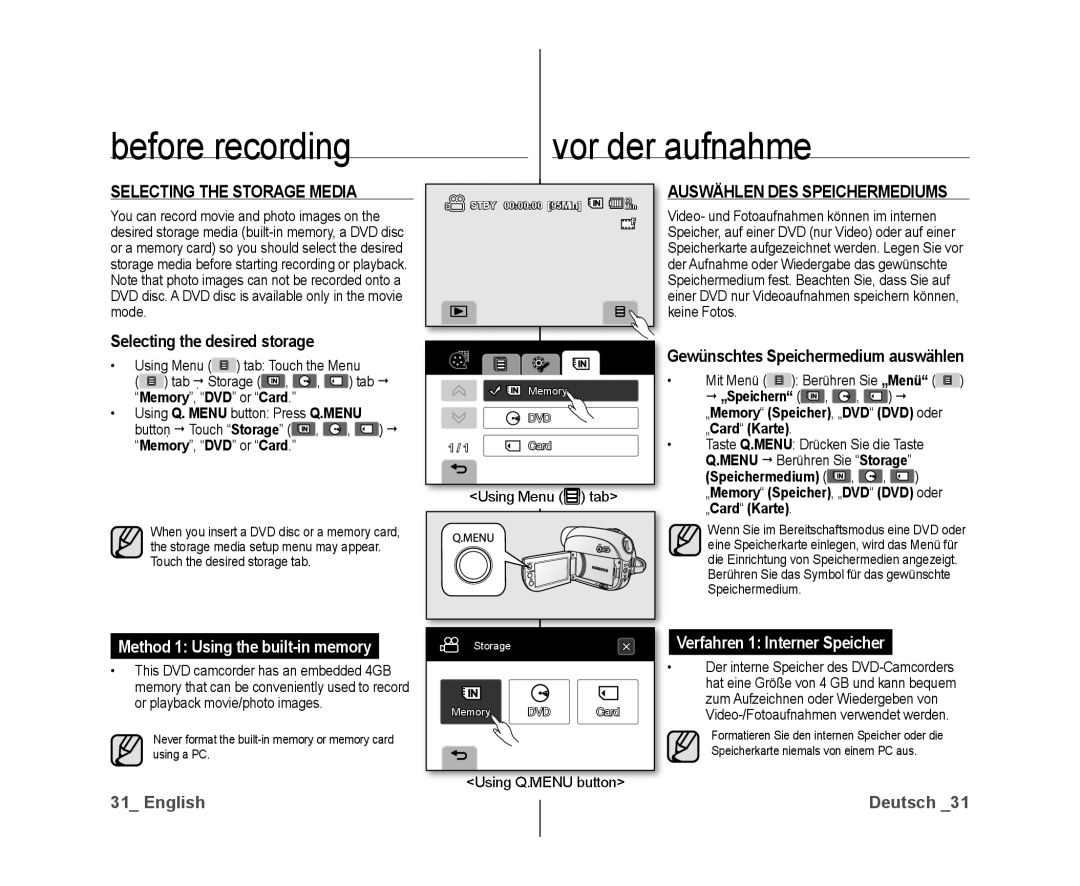 Samsung VP-DX10/MEA manual Before recording Vor der aufnahme, Selecting the Storage Media, Auswählen DES Speichermediums 