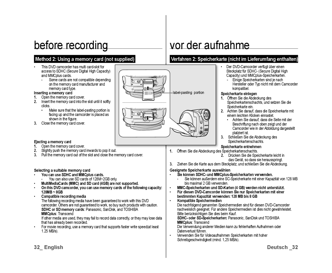 Samsung VP-DX10H/HAC manual Inserting a memory card Speicherkarte einlegen, Ejecting a memory card, Speicherkarte entnehmen 