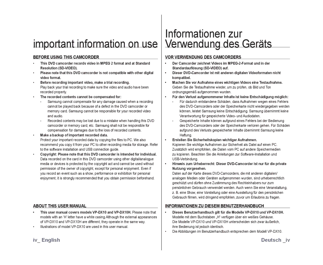 Samsung VP-DX10/UMG Before Using this Camcorder, VOR Verwendung DES Camcorders, Informationen ZU Diesem Benutzerhandbuch 