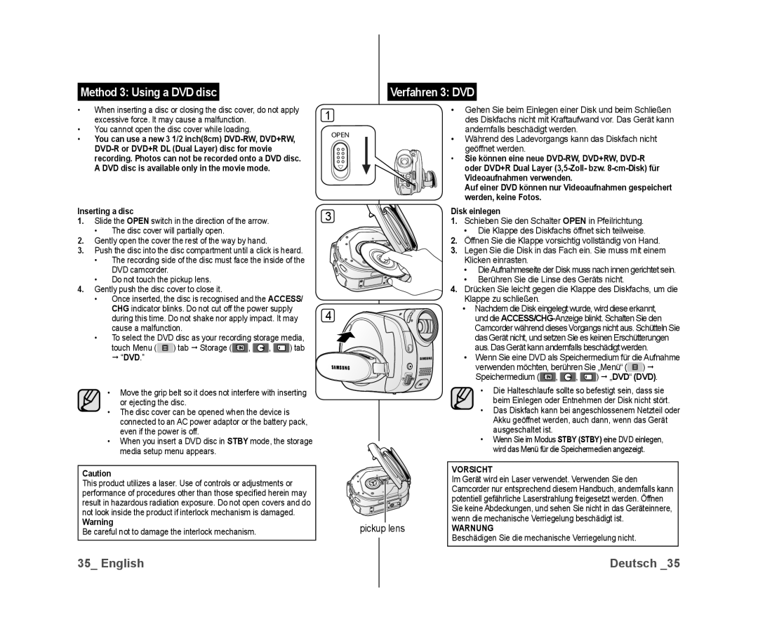 Samsung VP-DX10/XER, VP-DX10/XEF, VP-DX10H/XEF, VP-DX10/XEO, VP-DX10/XEE Pickup lens, Inserting a disc, Vorsicht, Warnung 