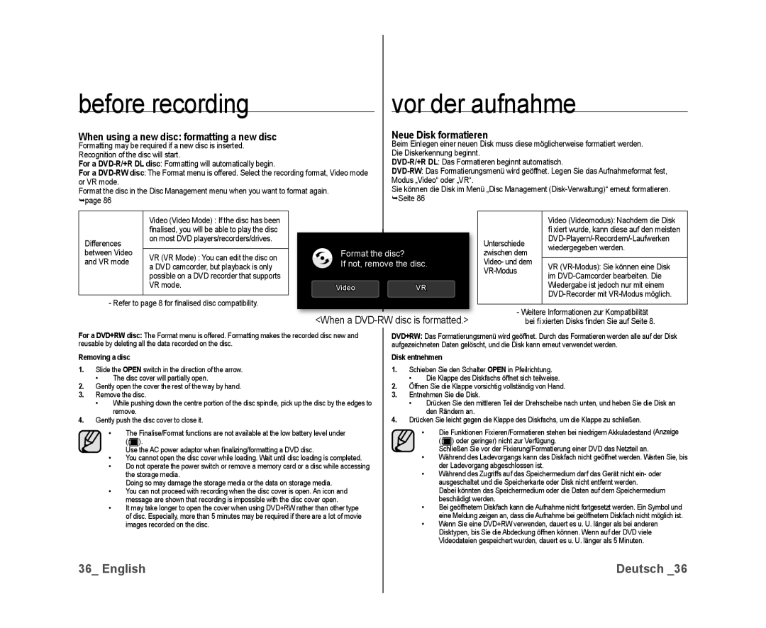 Samsung VP-DX10/XEF, VP-DX10H/XEF Neue Disk formatieren, When a DVD-RW disc is formatted, Removing a disc, Disk entnehmen 