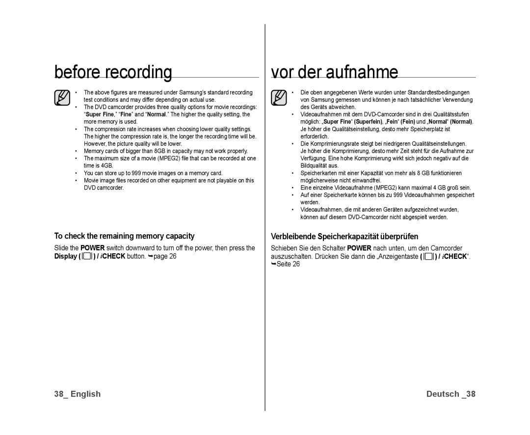 Samsung VP-DX10/XEO, VP-DX10/XEF manual To check the remaining memory capacity, Verbleibende Speicherkapazität überprüfen 