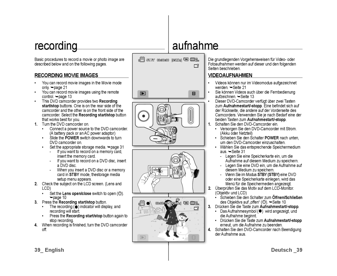 Samsung VP-DX10/XEE Recording Aufnahme, Recording Movie Images, Videoaufnahmen, Press the Recording start/stop button 