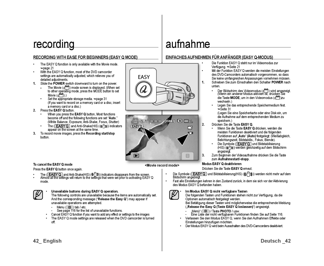 Samsung VP-DX10/HAC, VP-DX10/XEF, VP-DX10H/XEF, VP-DX10/XEO Einfaches Aufnehmen FÜR Anfänger Easy Q-MODUS, Movie record mode 