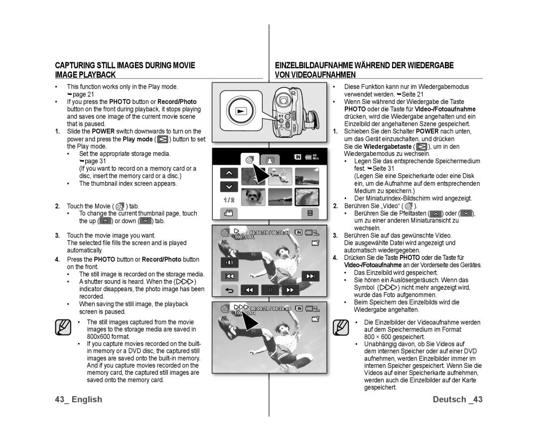 Samsung VP-DX10/KNT, VP-DX10/XEF, VP-DX10H/XEF manual Capturing Still Images During Movie, Image Playback VON Videoaufnahmen 