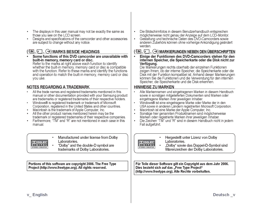 Samsung VP-DX10H/MEA manual Marks Beside Headings, Hinweise ZU Marken, Macintosh is the trademark of Apple Computer, Inc 