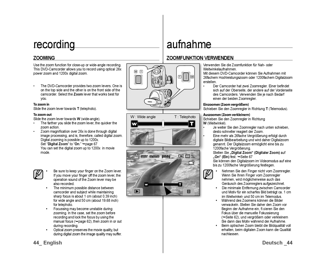 Samsung VP-DX10/ADL, VP-DX10/XEF, VP-DX10H/XEF, VP-DX10/XEO, VP-DX10/XEE Recordingaufnahme, Zooming Zoomfunktion Verwenden 