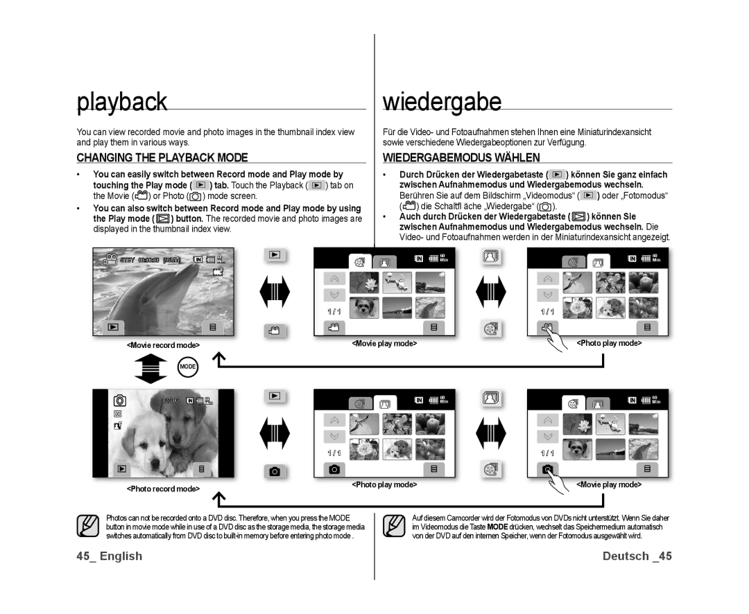 Samsung VP-DX10/MEA, VP-DX10/XEF, VP-DX10H/XEF, VP-DX10/XEO manual Changing the Playback Mode, Wiedergabemodus Wählen 