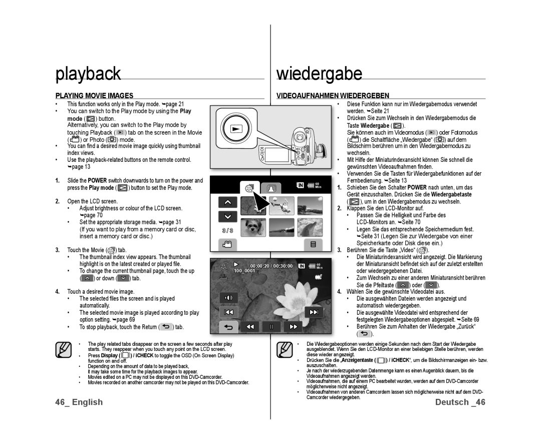 Samsung VP-DX10H/HAC Playbackwiedergabe, Playing Movie Images Videoaufnahmen Wiedergeben, Klappen Sie den LCD-Monitor auf 