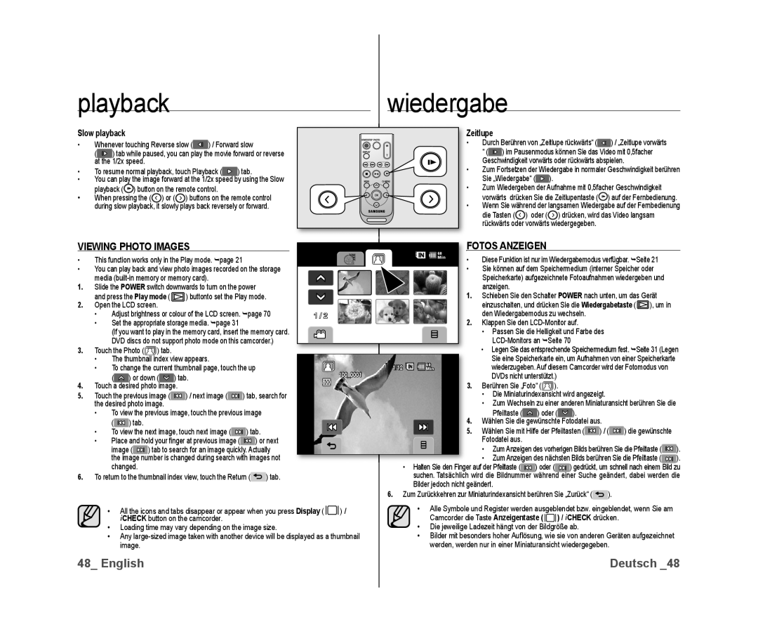 Samsung VP-DX10/XEK, VP-DX10/XEF, VP-DX10/XEO Viewing Photo Images, Slow playback, Zeitlupe, Fotos Anzeigen, ICHECK drücken 