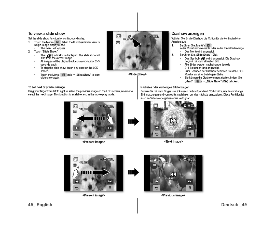Samsung VP-DX10/XER, VP-DX10/XEF manual To view a slide show, Diashow anzeigen, Slide Show, Next image, Previous image 