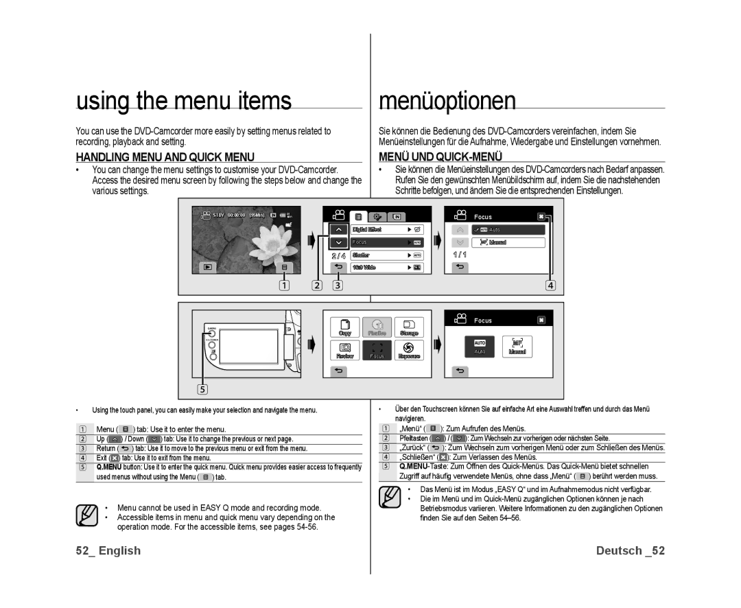 Samsung VP-DX10/XEO, VP-DX10/XEF Using the menu items, Menüoptionen, Handling Menu and Quick Menu, Menü UND QUICK-MENÜ 