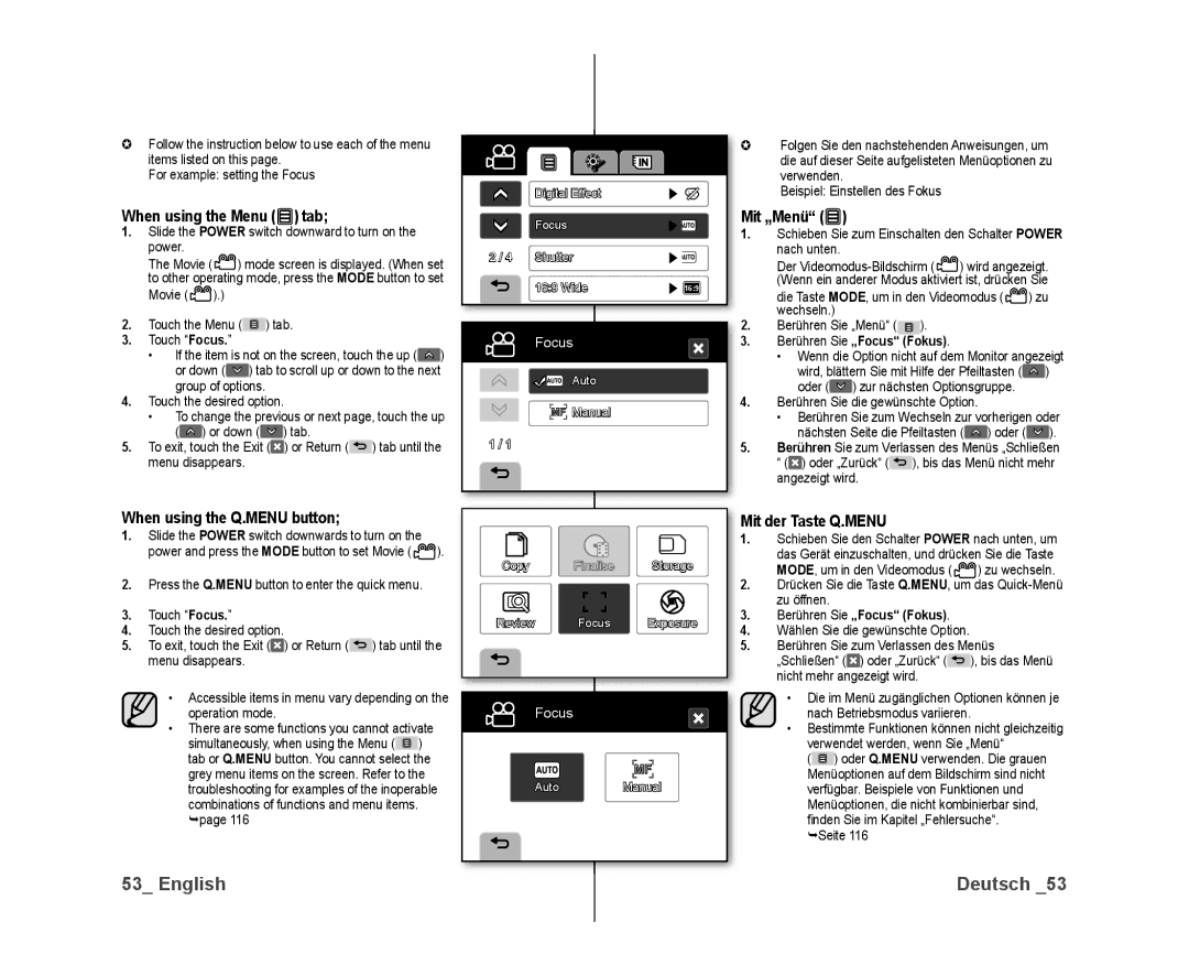 Samsung VP-DX10/XEE, VP-DX10/XEF When using the Menu tab, When using the Q.MENU button, Mit „Menü, Mit der Taste Q.MENU 