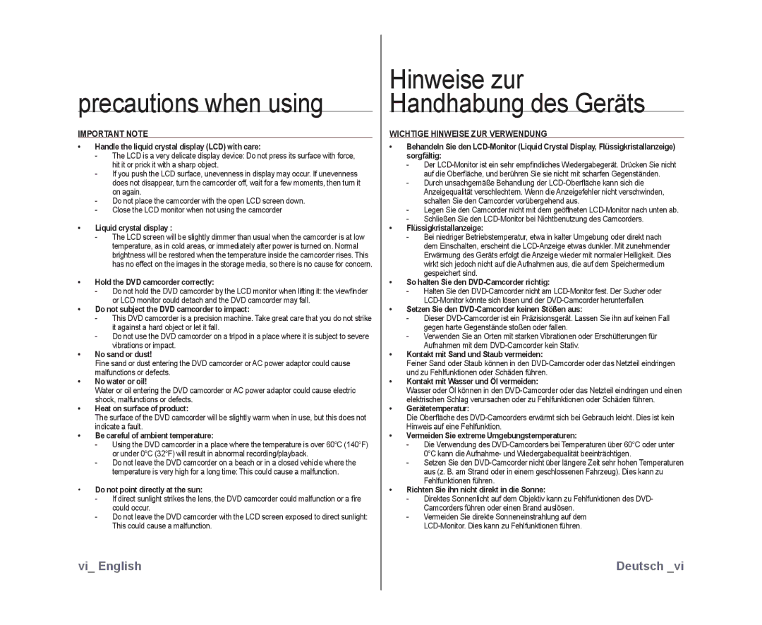 Samsung VP-DX10/HAC, VP-DX10/XEF, VP-DX10H/XEF Precautions when using, Important Note, Wichtige Hinweise ZUR Verwendung 