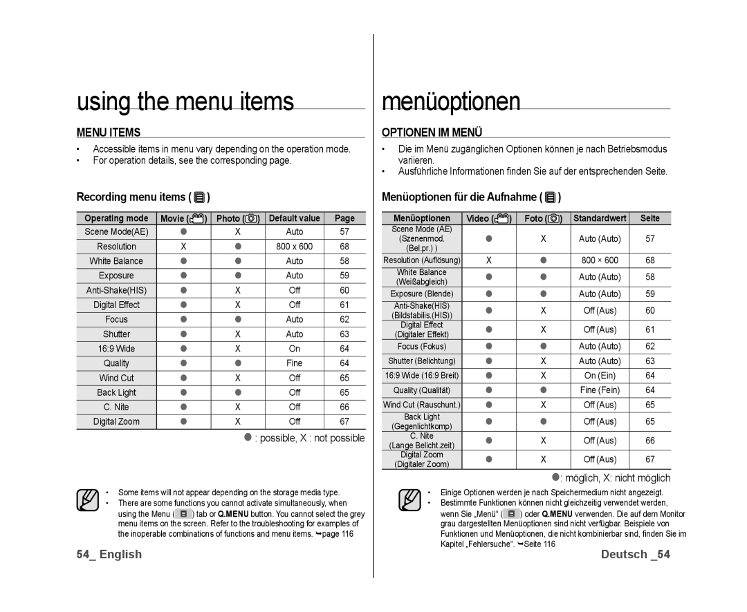 Samsung VP-DX10/UMG, VP-DX10/XEF, VP-DX10H/XEF Menu Items, Optionen IM Menü, Menüoptionen für die Aufnahme, Movie, Video 