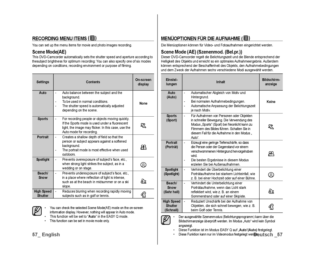 Samsung VP-DX10/KNT Recording Menu Items, Scene ModeAE, Menüoptionen FÜR DIE Aufnahme, Scene Mode AE Szenenmod. Bel.pr 