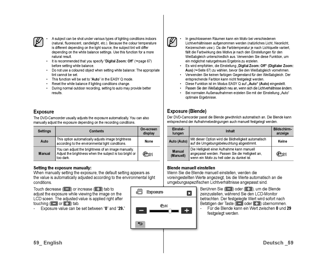 Samsung VP-DX10/MEA, VP-DX10/XEF, VP-DX10/XEO Exposure Blende, Setting the exposure manually, Blende manuell einstellen 