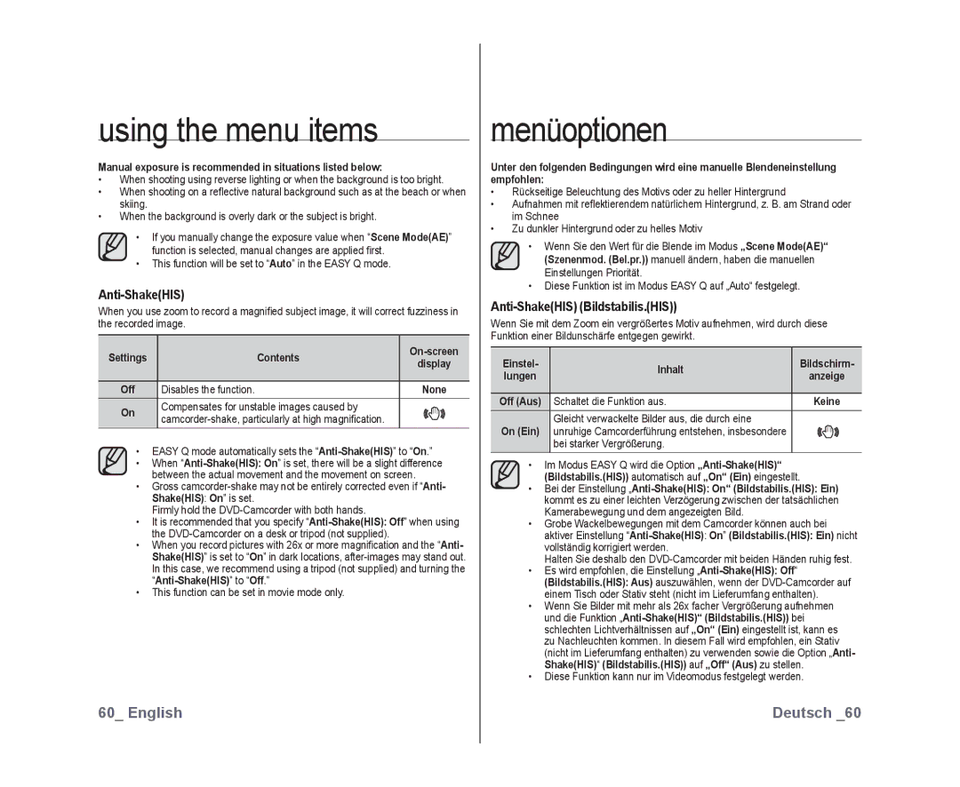 Samsung VP-DX10H/HAC, VP-DX10/XEF, VP-DX10H/XEF, VP-DX10/XEO, VP-DX10/XEE, VP-DX10/UMG manual Anti-ShakeHIS Bildstabilis.HIS 