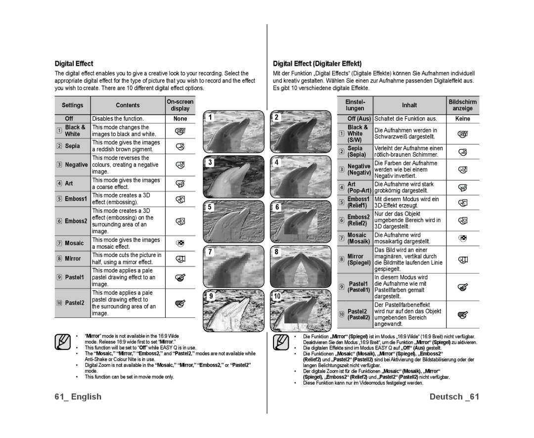 Samsung VP-DX10/SAH, VP-DX10/XEF, VP-DX10H/XEF, VP-DX10/XEO, VP-DX10/XEE, VP-DX10/UMG manual Digital Effect Digitaler Effekt 