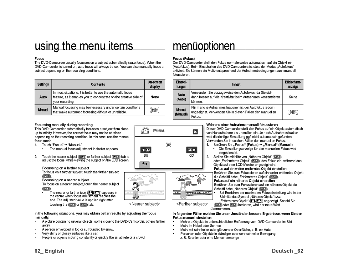 Samsung VP-DX10/XEK, VP-DX10/XEF, VP-DX10H/XEF, VP-DX10/XEO, VP-DX10/XEE, VP-DX10/UMG manual Nearer subject, Farther subject 