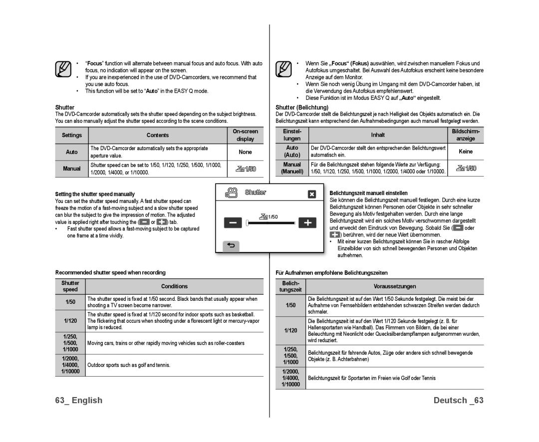 Samsung VP-DX10/XER, VP-DX10/XEF, VP-DX10H/XEF, VP-DX10/XEO, VP-DX10/XEE, VP-DX10/UMG, VP-DX10H/MEA manual Shutter Belichtung 