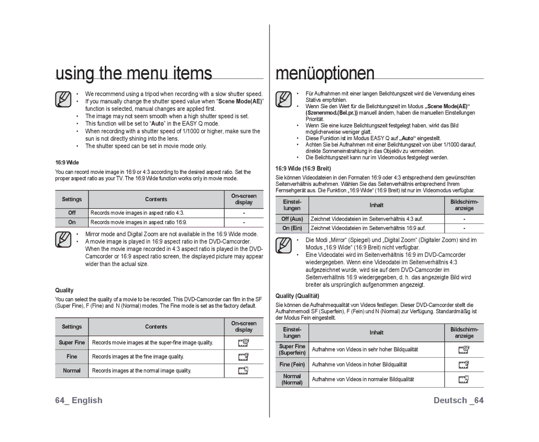 Samsung VP-DX10/XEF, VP-DX10H/XEF, VP-DX10/XEO, VP-DX10/XEE, VP-DX10/UMG, VP-DX10H/MEA manual Wide 169 Breit, Quality Qualität 