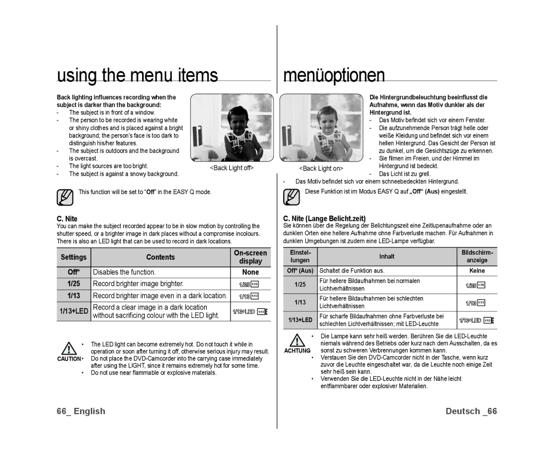 Samsung VP-DX10/XEO manual Contents, Disables the function None Record brighter image brighter, Nite Lange Belicht.zeit 