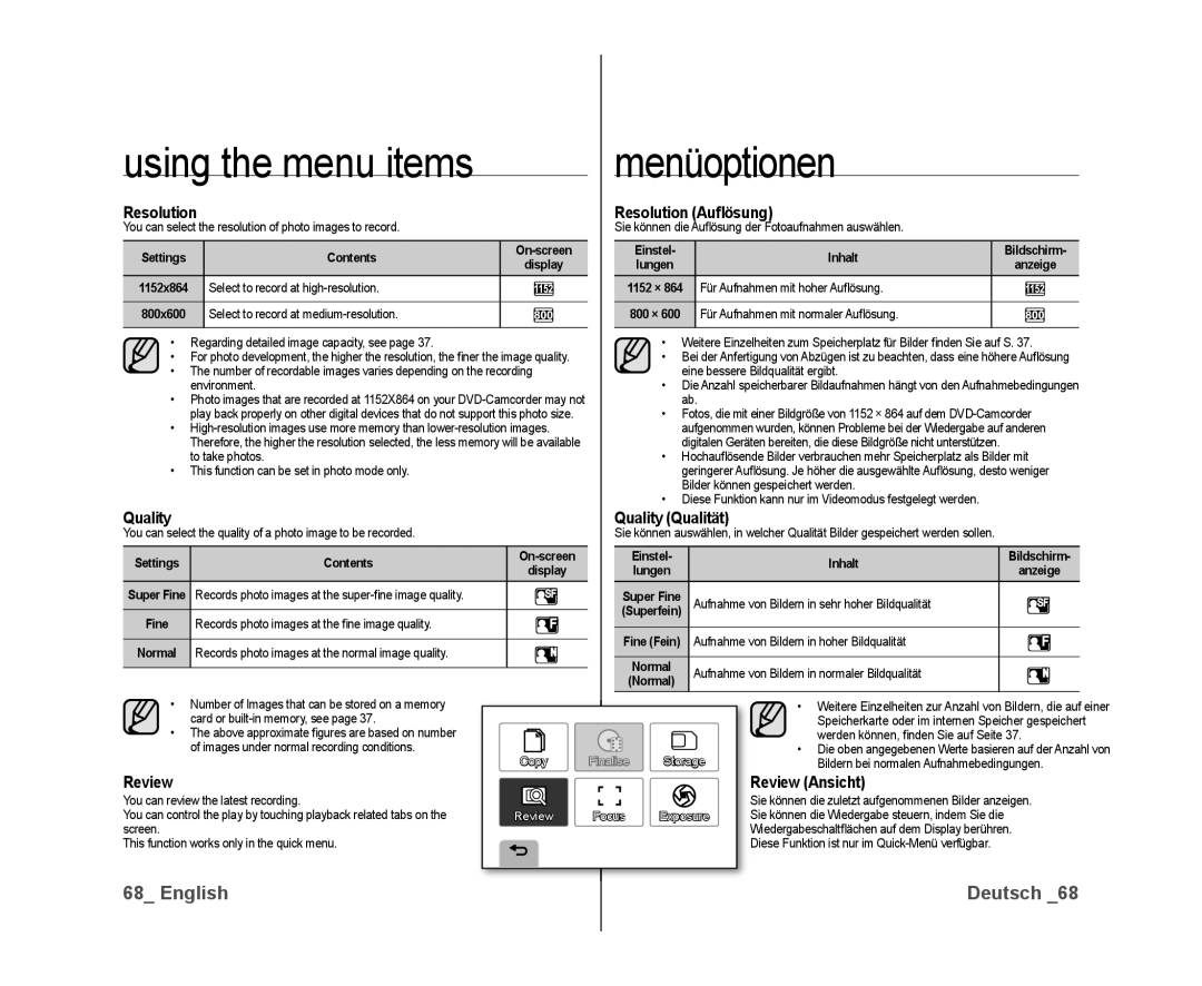 Samsung VP-DX10/UMG, VP-DX10/XEF, VP-DX10H/XEF manual Resolution Auﬂösung, Quality Qualität, Review Ansicht 