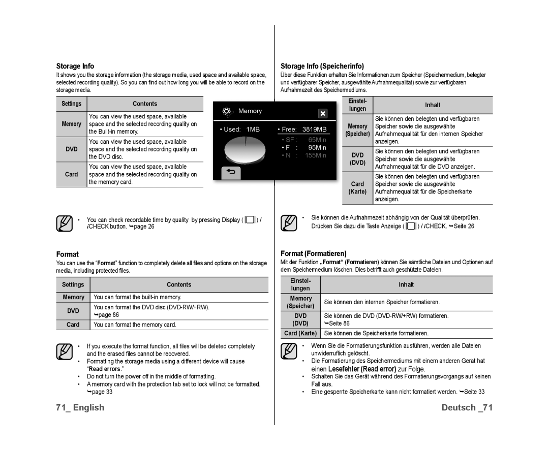 Samsung VP-DX10/KNT, VP-DX10/XEF, VP-DX10H/XEF, VP-DX10/XEO manual Storage Info Speicherinfo, Format Formatieren 