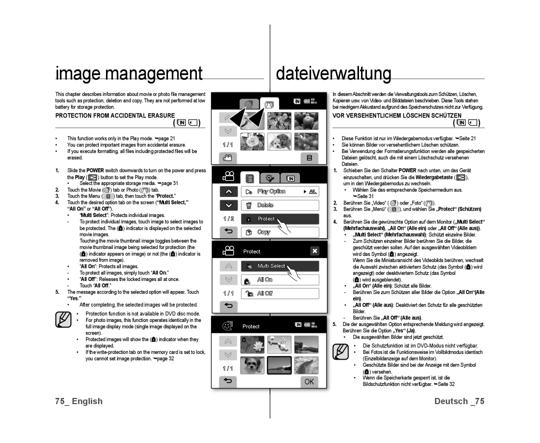 Samsung VP-DX10/SAH manual Image management, VOR Versehentlichem Löschen Schützen, Ein, Berühren Sie „All Off Alle aus 