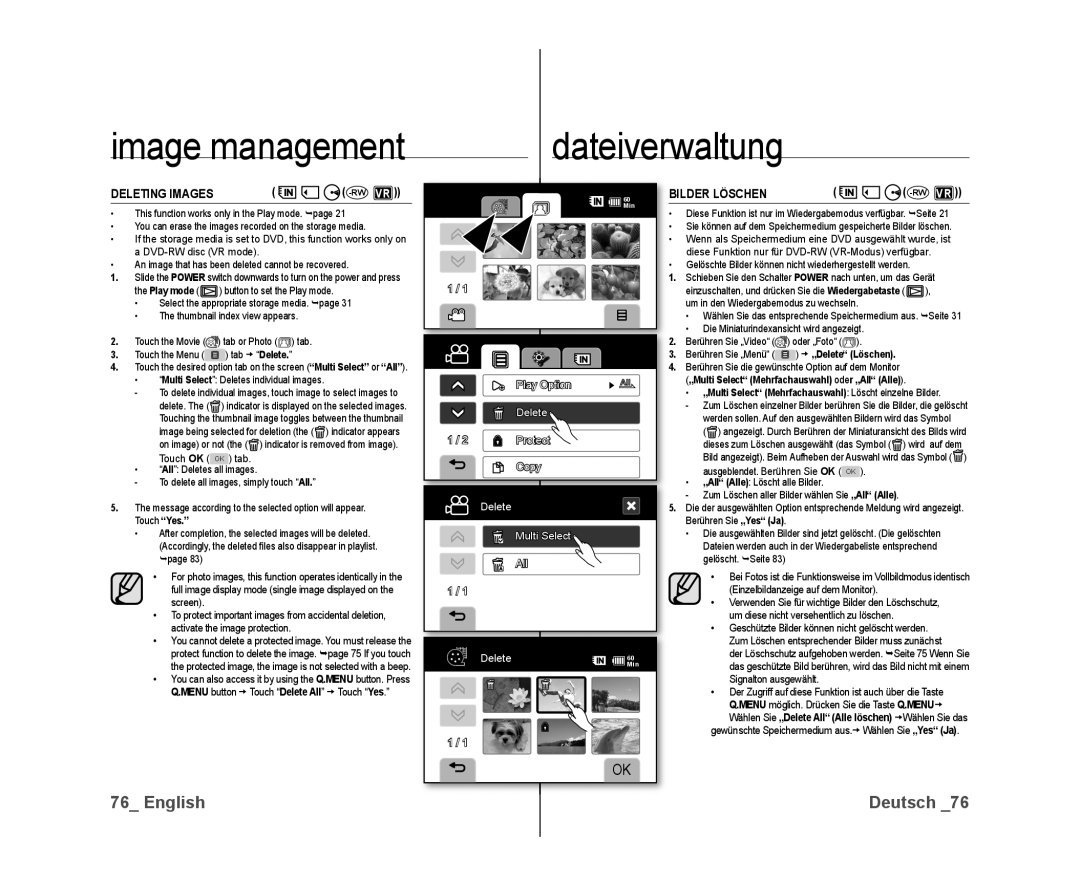 Samsung VP-DX10/XEK manual Deleting Images, Rwvr, Bilder Löschen, „Multi Select Mehrfachauswahl Löscht einzelne Bilder 