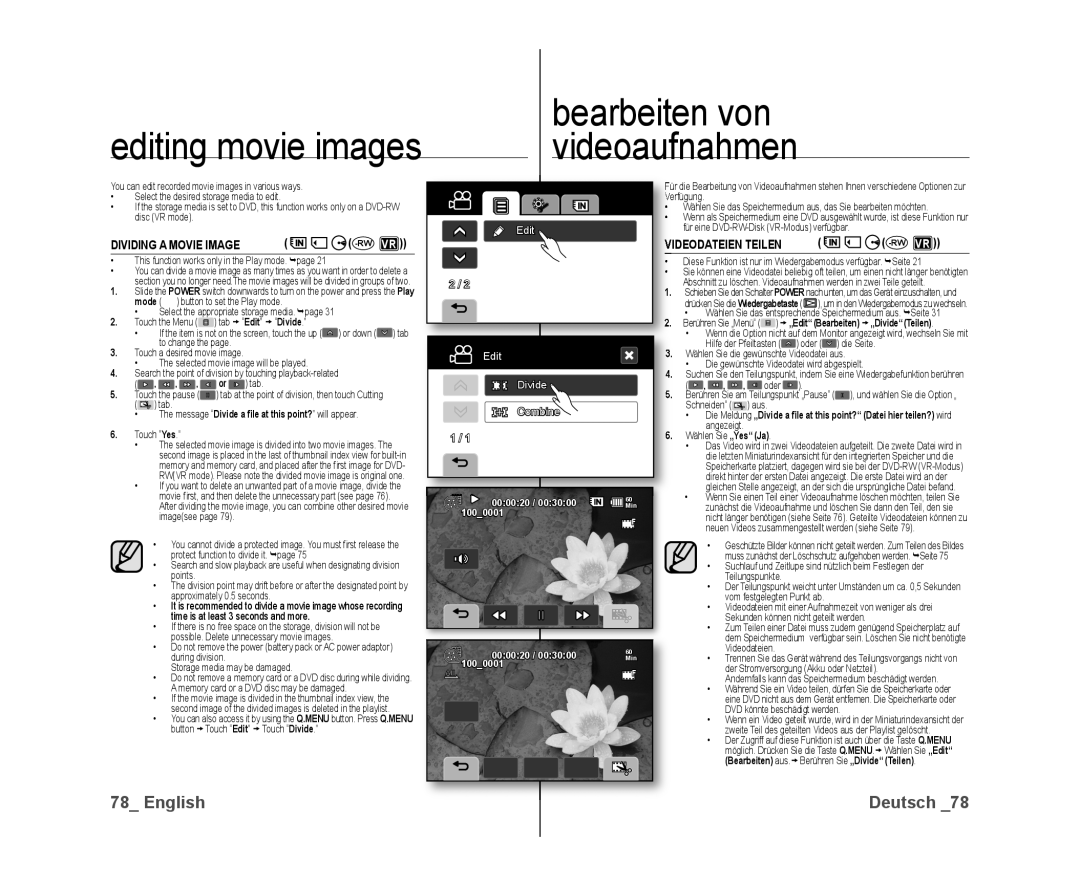 Samsung VP-DX10/XEF, VP-DX10H/XEF, VP-DX10/XEO, VP-DX10/XEE manual Editing movie images Bearbeiten von Videoaufnahmen, Rw Vr 