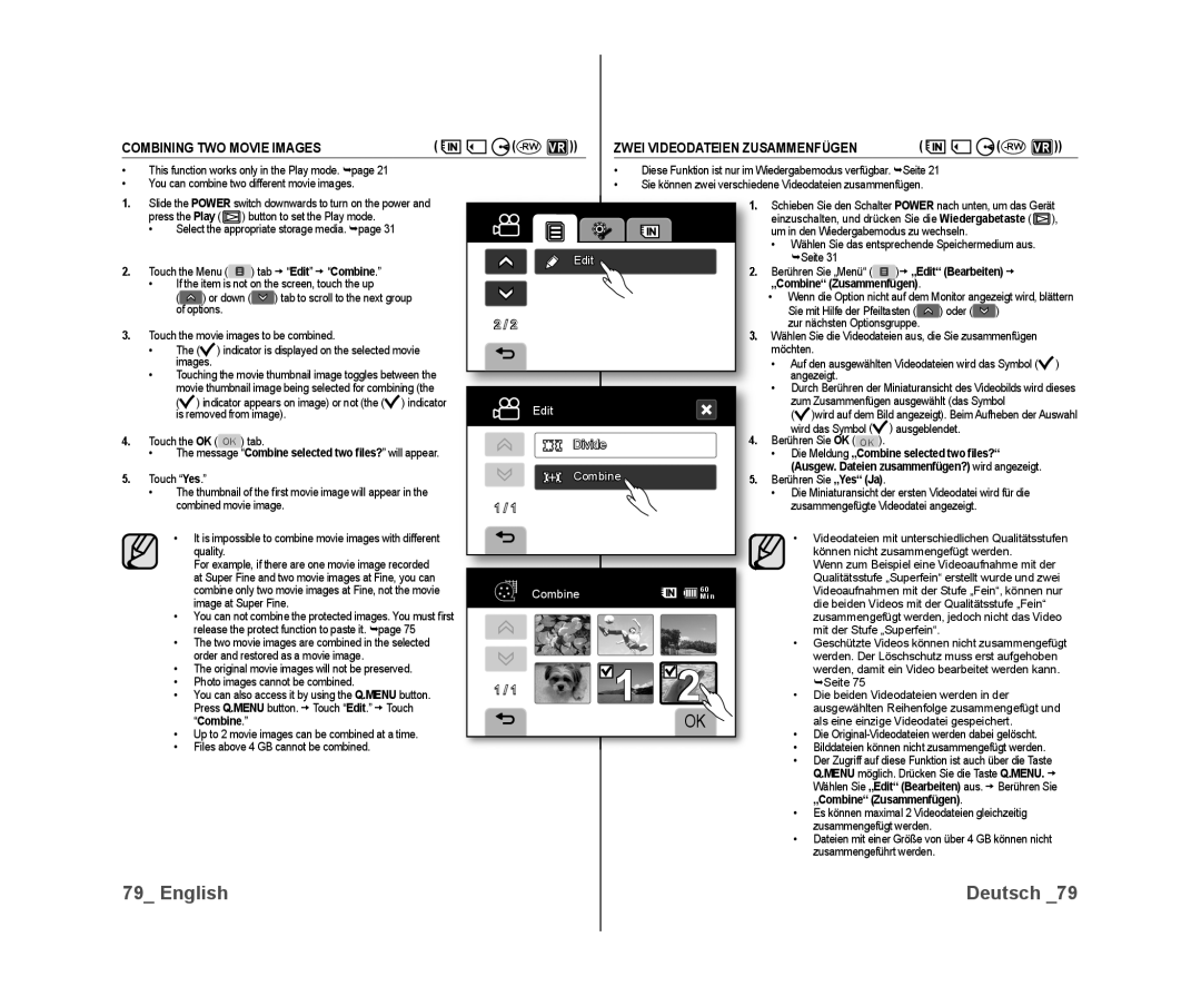 Samsung VP-DX10H/XEF, VP-DX10/XEF, VP-DX10/XEO manual Combining TWO Movie Images, Die Meldung „Combine selected two ﬁles? 