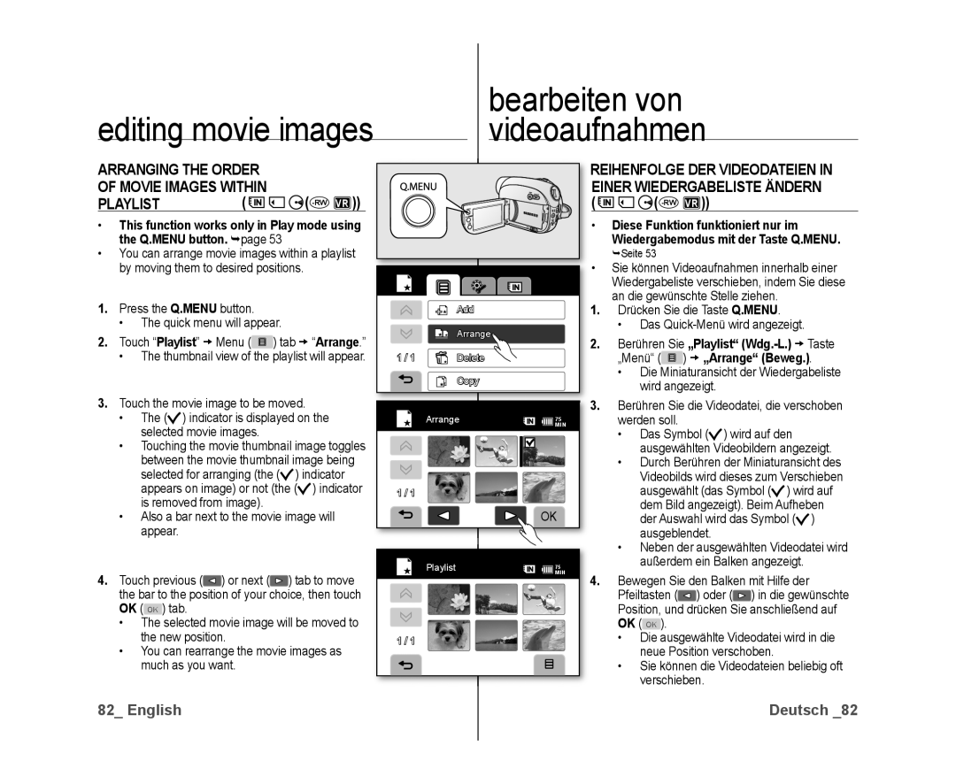 Samsung VP-DX10/UMG, VP-DX10/XEF manual Arranging the Order Movie Images Within Playlist, Einer Wiedergabeliste Ändern, Rwvr 