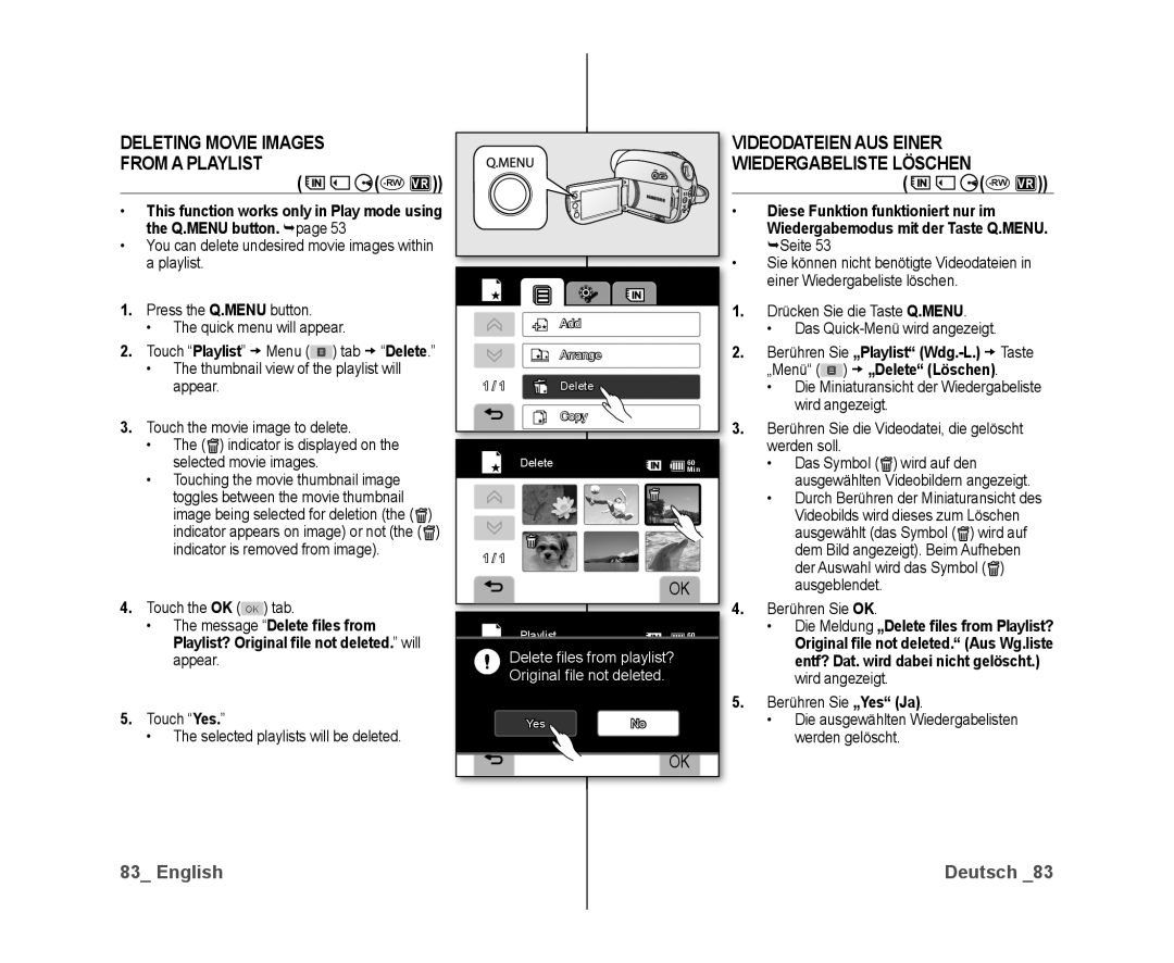 Samsung VP-DX10H/MEA, VP-DX10/XEF Deleting Movie Images From a Playlist, Videodateien AUS Einer, Wiedergabeliste Löschen 