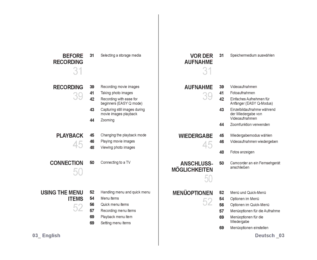 Samsung VP-DX10/MEA, VP-DX10/XEF, VP-DX10H/XEF manual Connection, ANSCHLUSS- Möglichkeiten, Using the Menu, Menüoptionen 